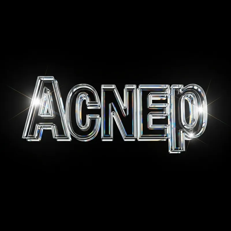 Acnep Crystal Word on Black Background with Glare and Reflections Acnep Crystal Word on Black Background with Glare and Reflections