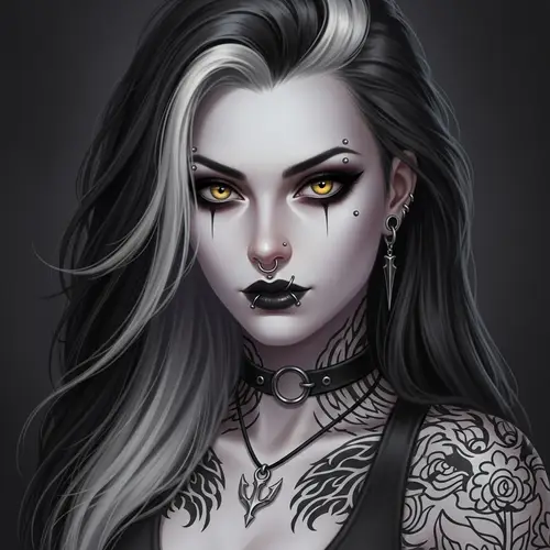 Gothic Woman: Ethereal Beauty with Pale Skin and Yellow Eyes