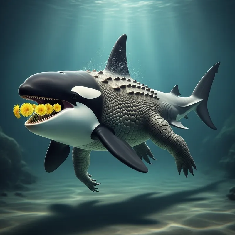 Surreal Hybrid Creature: Orca Head, Crocodile Legs, Shark Tail, Dandelion Teeth