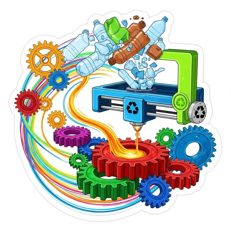 Vibrant Sticker: Recycling Plastic Bottles, 3D Printing & Gears Vibrant Sticker: Recycling Plastic Bottles, 3D Printing & Gears