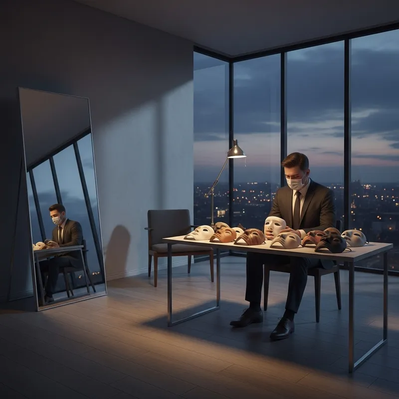 Portrait of Vulnerability: Man Amid Masks in Modern Room Portrait of Vulnerability: Man Amid Masks in Modern Room