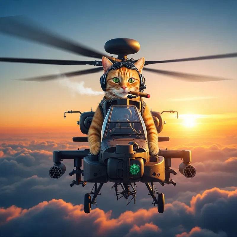 Cuban Cigar-Smoking Cat Pilots Apache Helicopter into Sunset