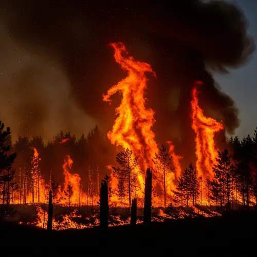 Raging Forest Fire: Tall Flames Consuming Trees