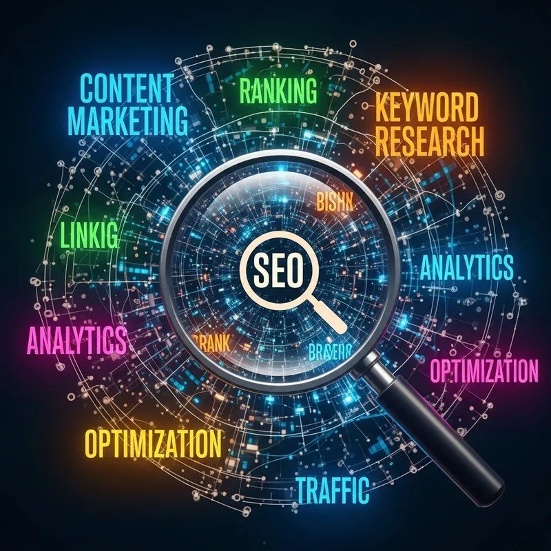 Vibrant SEO Visual: Keywords Floating with Bold Fonts