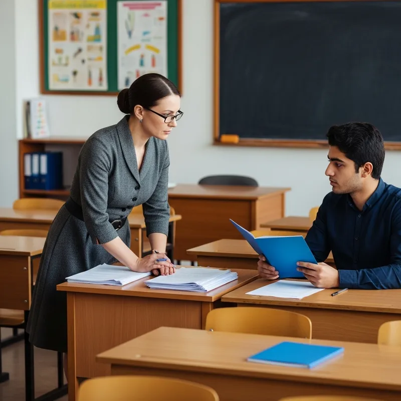 Focused Teacher Administering Exam to Engaged Student in Classroom