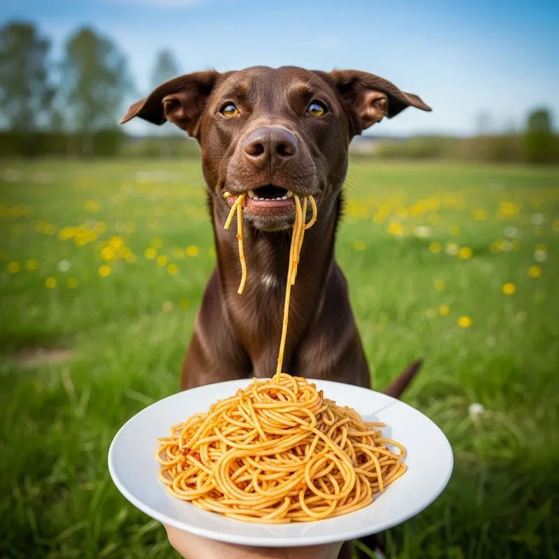 Playful Dog Eating Noodles on Grassy Field