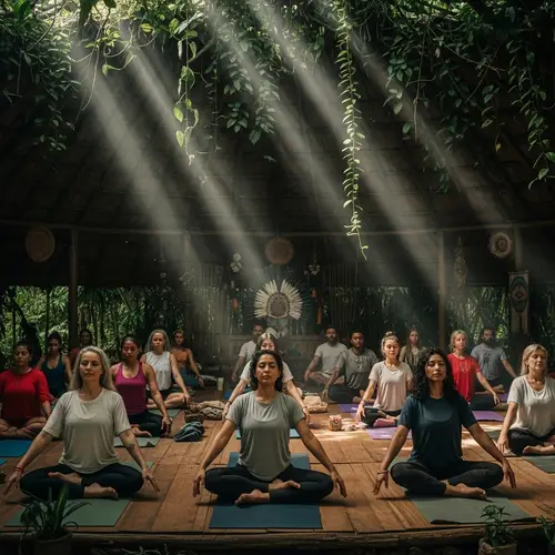 Diverse Group Yoga Session in Traditional South American Maloca