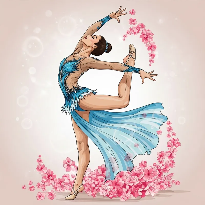 Elegant Rhythmic Gymnast in Jumping Pose Amid Pink Flowers Elegant Rhythmic Gymnast in Jumping Pose Amid Pink Flowers