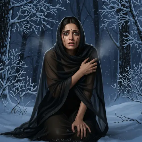 Intense Fantasy Scene in Winter Forest at Night