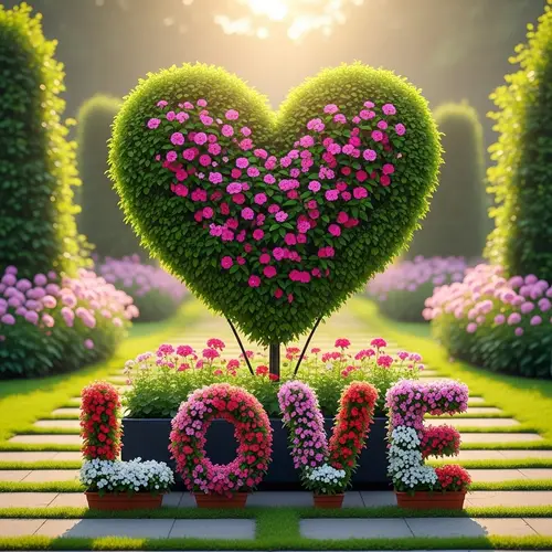 Heart-Shaped Topiary in Serene Garden | Love Planters & Flowers