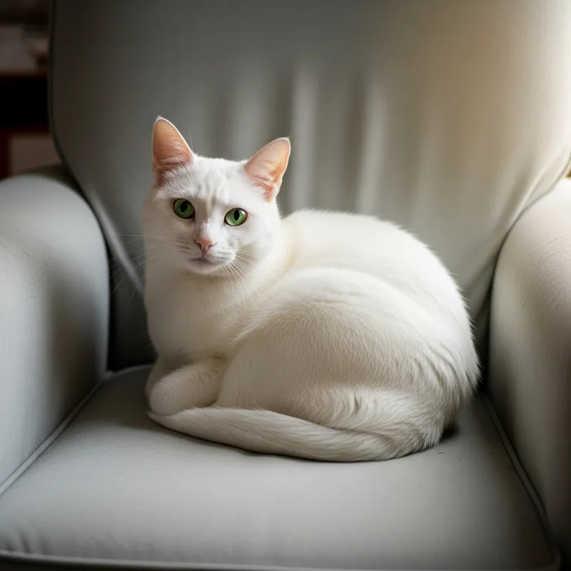 Short-Haired White Cat Sitting in Cozy Chair