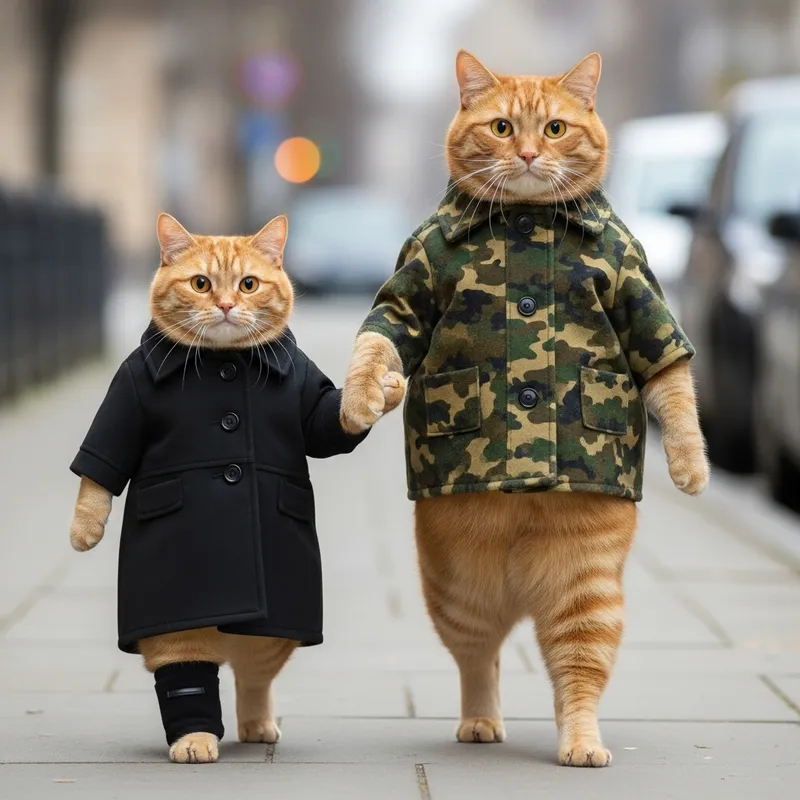 Fat Ginger Cats in Human-Like Behavior Walking Sidewalk