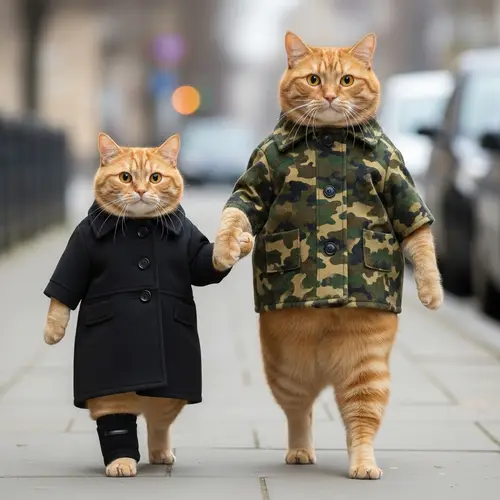 Plump Ginger Cats Dressed in Coats Walking Together