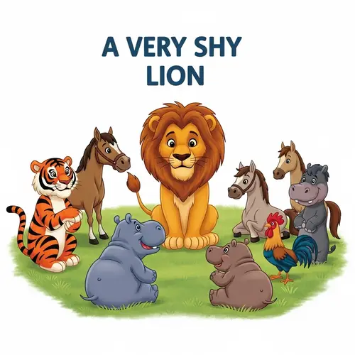 Animated Cartoon: Shy Lion Overcomes Shyness with Friends