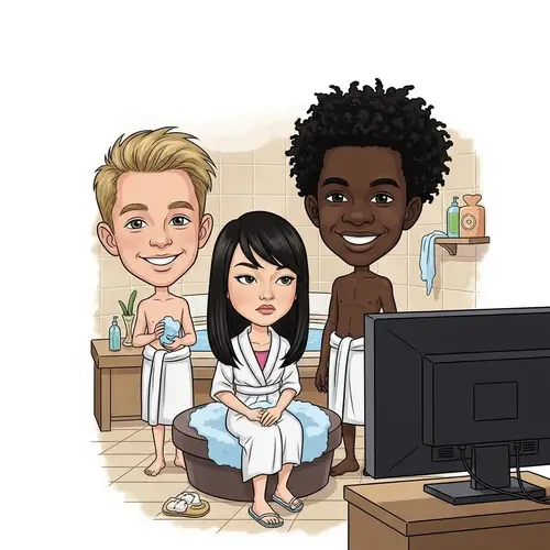 Funny Caricature of 2 Boys and a Girl in Spa Setting
