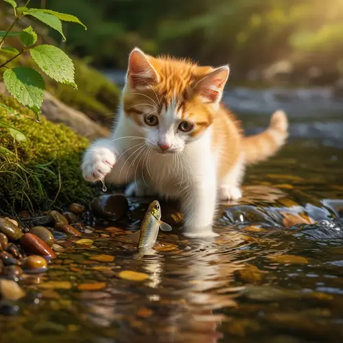 Cute Cat Playing with Little Fish