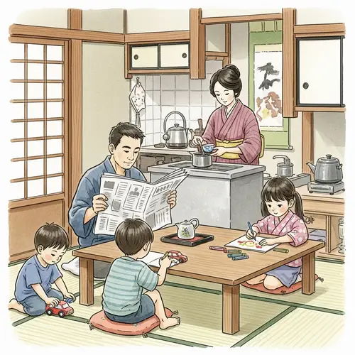 Japanese Family Watercolor Painting | Traditional Homemade Setting