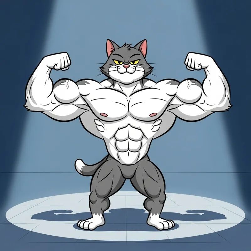 Ripped Cartoon Cat Showing Muscle | Grey & White Fur