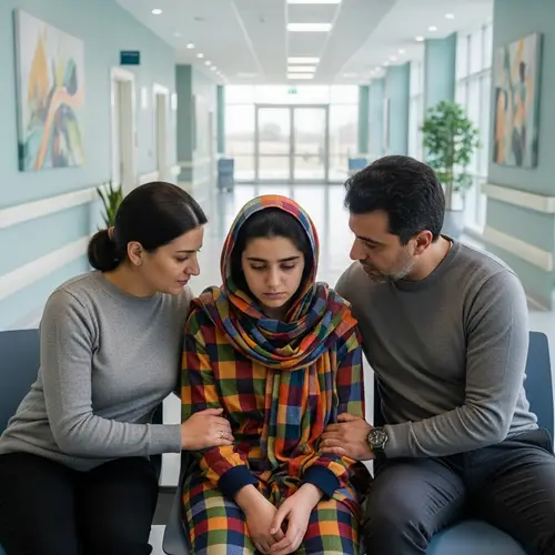 Melancholic Teenager at Modern Hospital with Supportive Parents