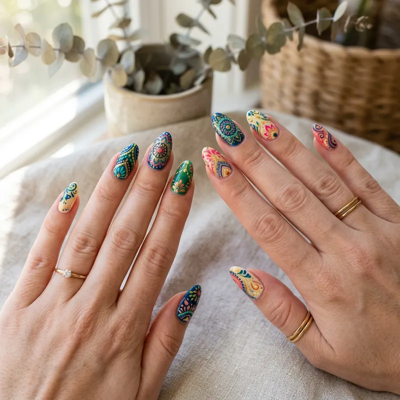 Vibrant Nail Art Design with Intricate Patterns Vibrant Nail Art Design with Intricate Patterns
