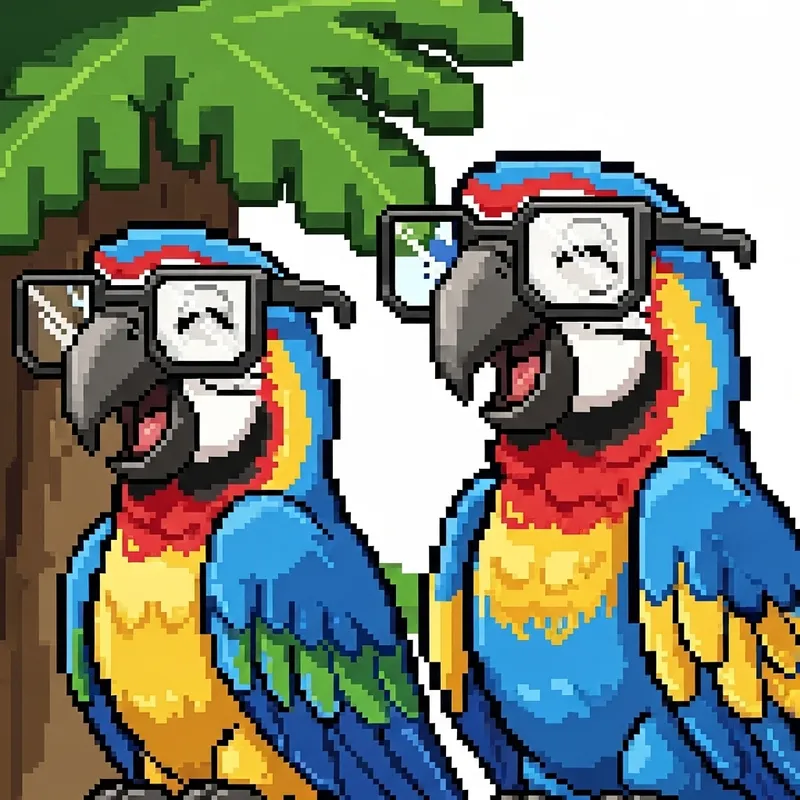 Two Female Macaws Laughing in 8-Bit Style