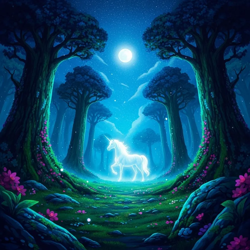 Majestic Unicorn in Enchanting Moonlit Forest