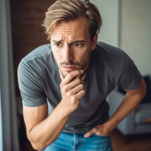 Tall Caucasian Man with Blonde Hair and Anxious Expression