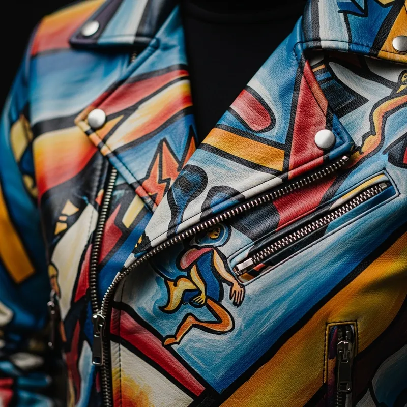 Unique Avant-Garde Leather Jacket Painted with Vibrant Colors