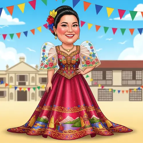 Filipiniana Dress Caricature: Elegant Full-bodied Woman