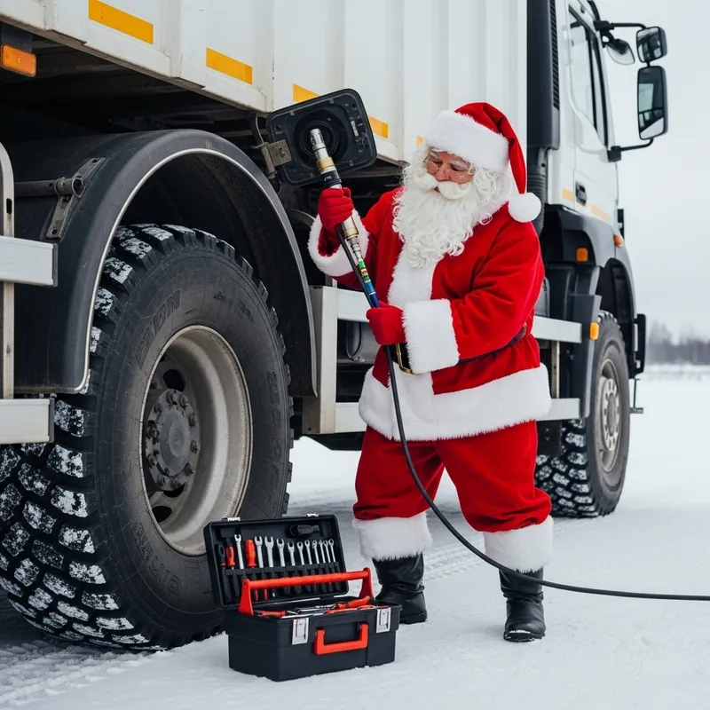 Santa Claus Installing Fuel Level Sensor in Truck Santa Claus Installing Fuel Level Sensor in Truck