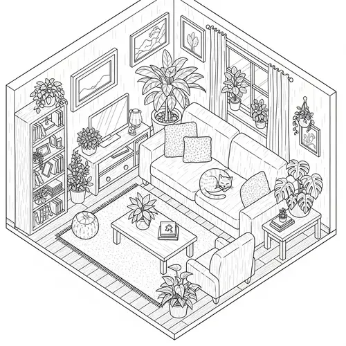 Cozy Isometric Living Room Colorbook for Adults