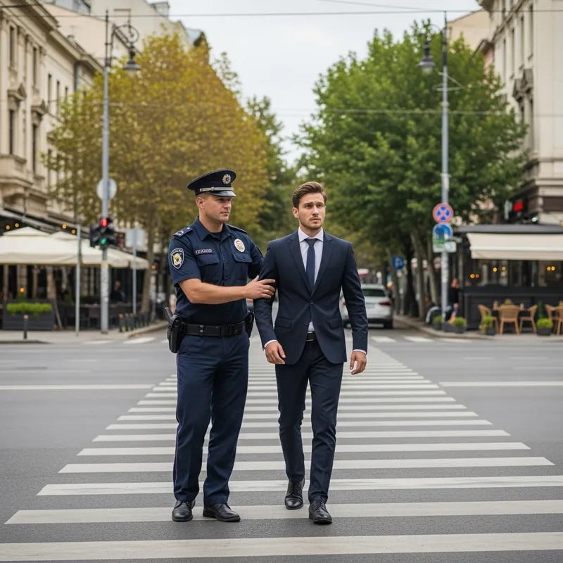 Police Officer Helping Young Man Cross Sofia Street | Safety Escort Police Officer Helping Young Man Cross Sofia Street | Safety Escort