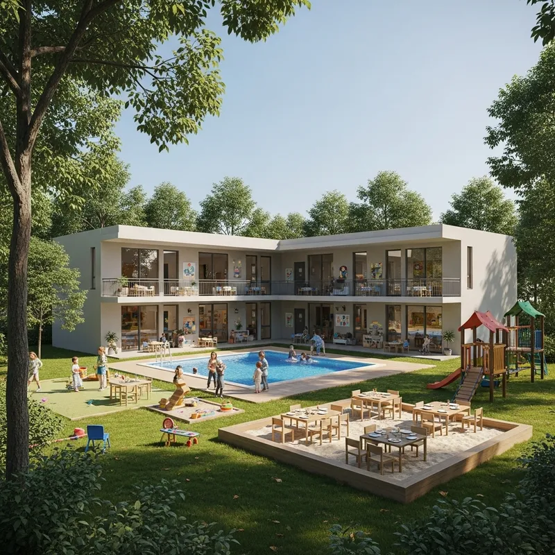 Creative One-Story Outdoor School for Kids