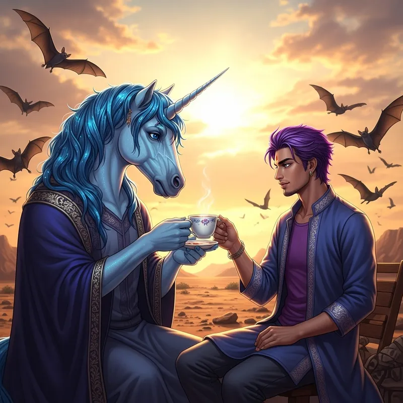 Magic in the Desert: Unicorn & Purple-Haired Man Tea Time