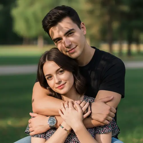 Gentle Embrace in Serene Park: Young Couple Smiling Affectionately