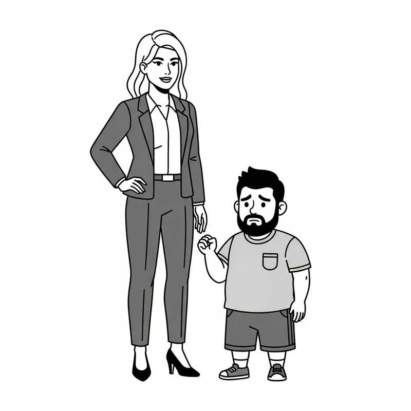Strong Tall Woman in Shirt & Jacket with Weak Short Man in T-shirt & Shorts Strong Tall Woman in Shirt & Jacket with Weak Short Man in T-shirt & Shorts