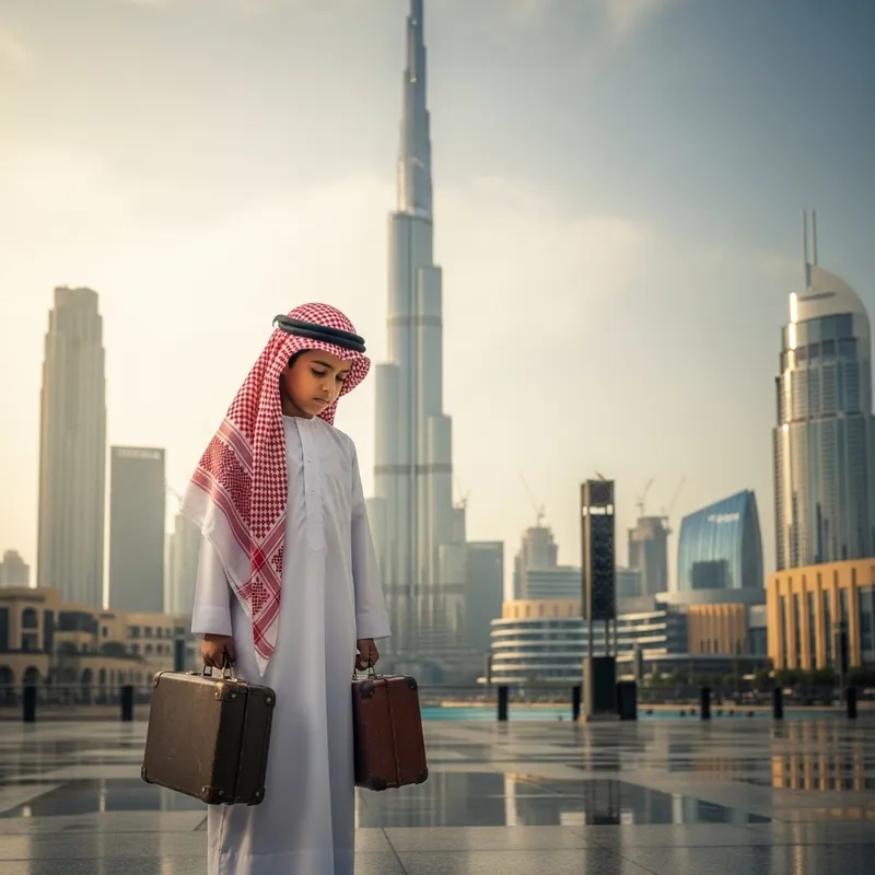 Sad Saudi Kid in Traditional Dress Departs Dubai