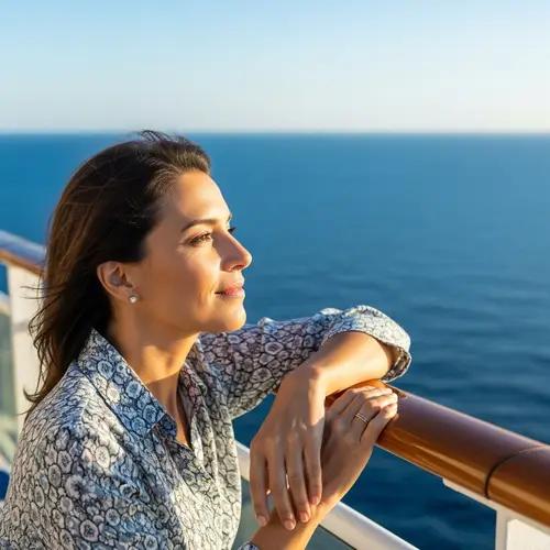 Hispanic Woman Enjoying Ocean Cruise Vacation | Peaceful and Liberating Experience