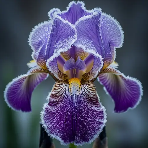 Intricate Frosty Patterns on Iris Petals | Beautiful Color Contrast