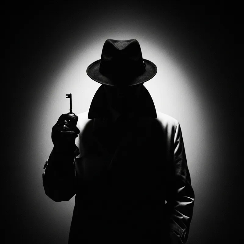 Vintage Black and White Photograph of Mysterious Figure with Dramatic Lighting and Key