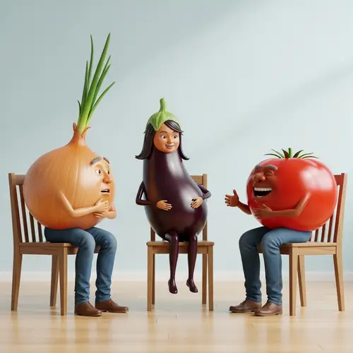 Comedic Scene: Onion, Eggplant & Tomato Engaged in Friendly Chat