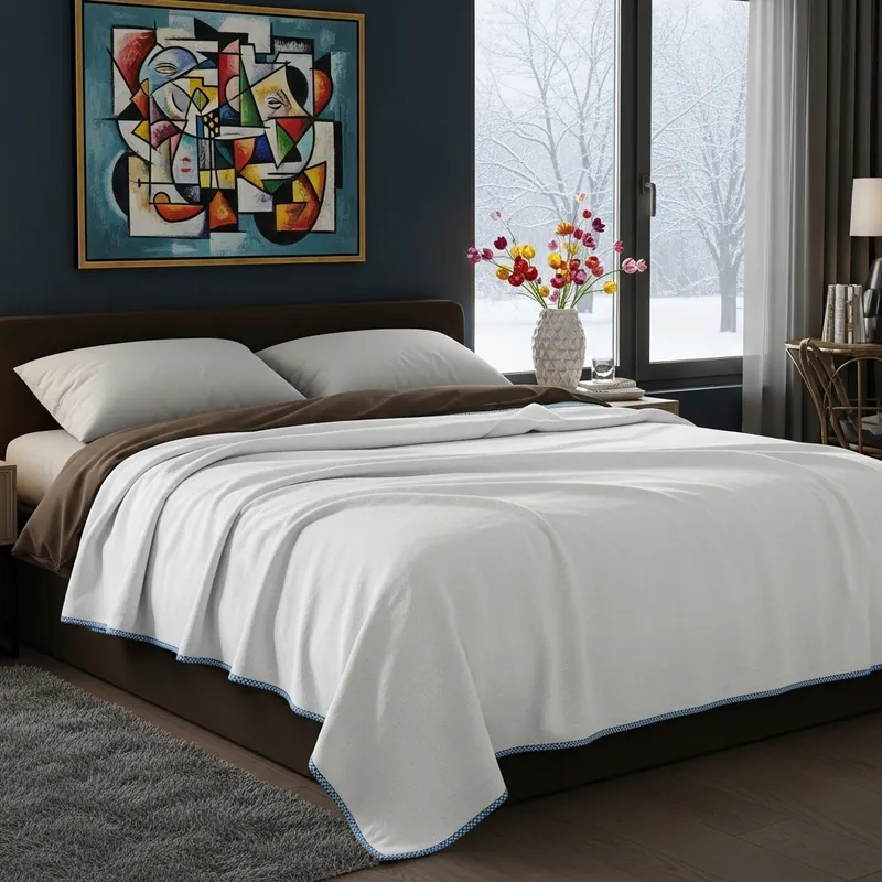 White Blanket with Blue Edging on Brown Bed in Tranquil Setting