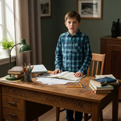 Surprised Teen Boy in Chaotic Room with Desk and Sunlight