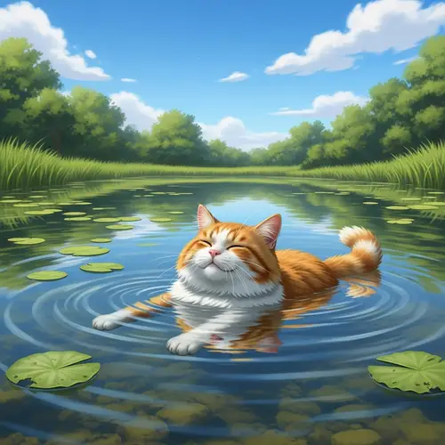 Fluffy Orange and White Cat Swimming in Pond
