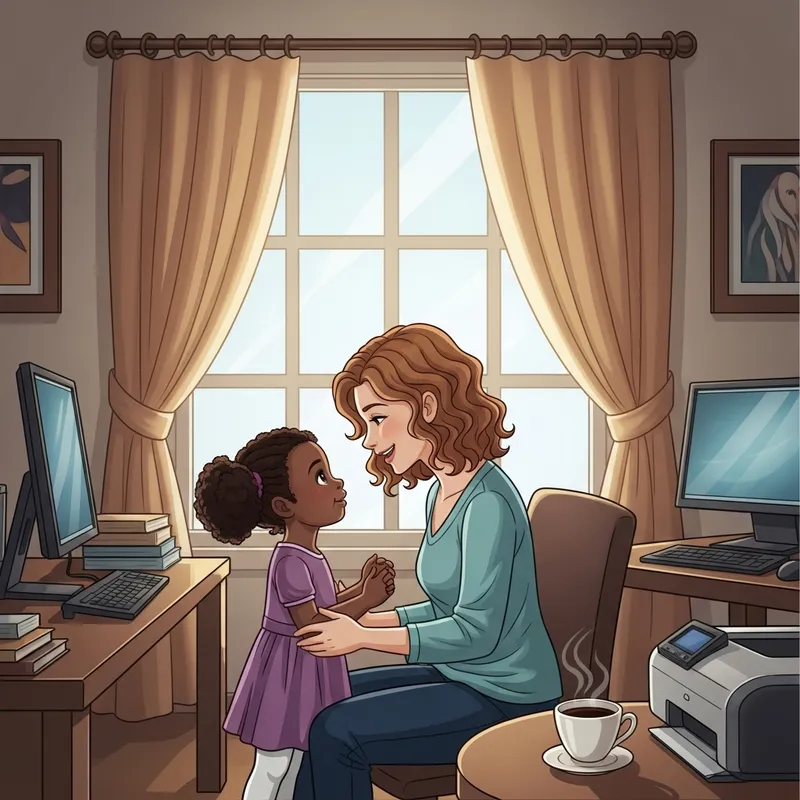 Warm Moment: Mother with Shoulder-Length Curly Hair & Daughter in Purple Dress