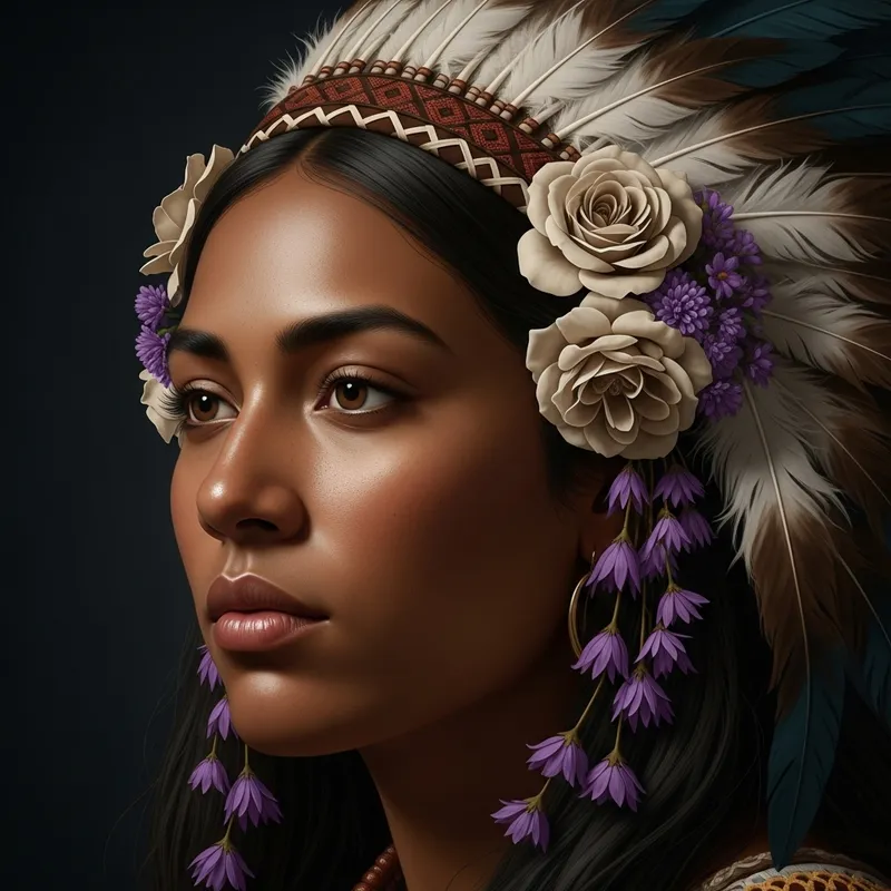 Realistic Antique Portrait of Brown Skin Woman with Native Feathers