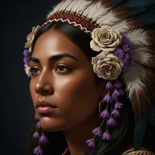 Realistic Antique Style Portrait of Brown-Skinned Woman with Flowers and Feathers