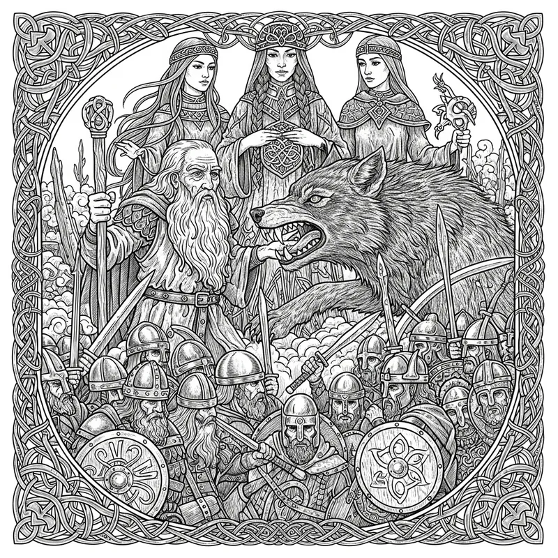 Nordic Ringerike Art: Odin vs Fenrir Battle With Nornas & Einherjar Nordic Ringerike Art: Odin vs Fenrir Battle With Nornas & Einherjar