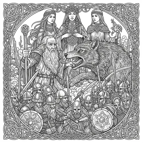 Nordic Art (Ringerike) - Odin vs Fenrir Battle with Nornas & Einherjar