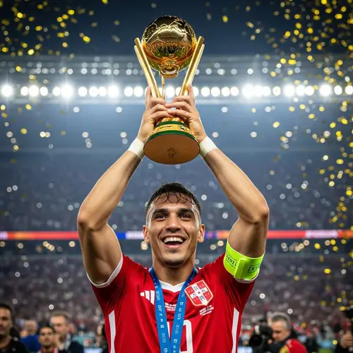 World Championship Soccer Player Celebrates Victory with Trophy